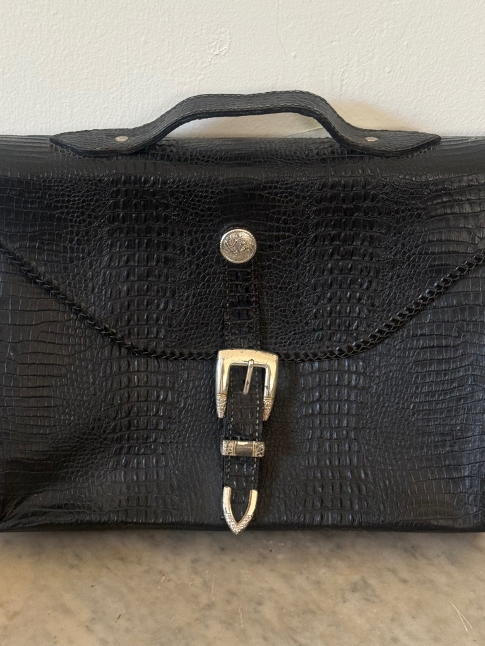 Vintage Black Croc Embossed Leather Briefcase Western Executive Attache